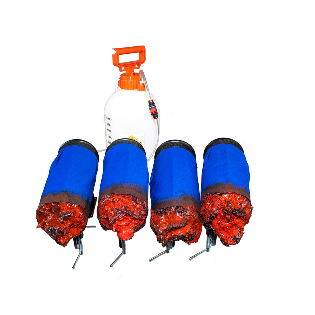 Full set of Emergency Tourniquet Trainer Legs with blood pump and blue transport covers.