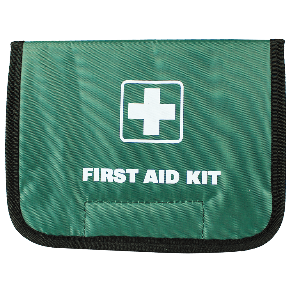 Front view of green Aero fold-over softpack bag with white ‘FIRST AID KIT’ print and black trim

