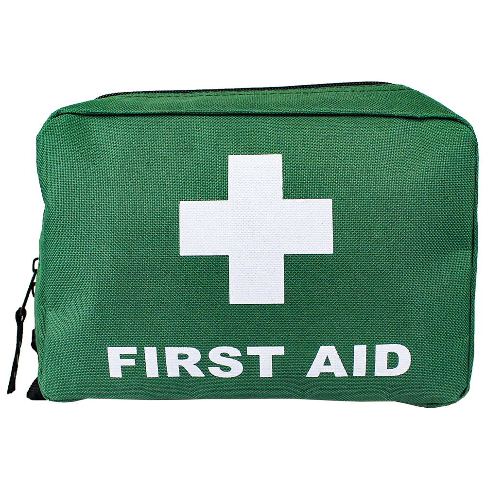 Front view of small green Aero softpack first aid bag with white cross and ‘FIRST AID’ print


