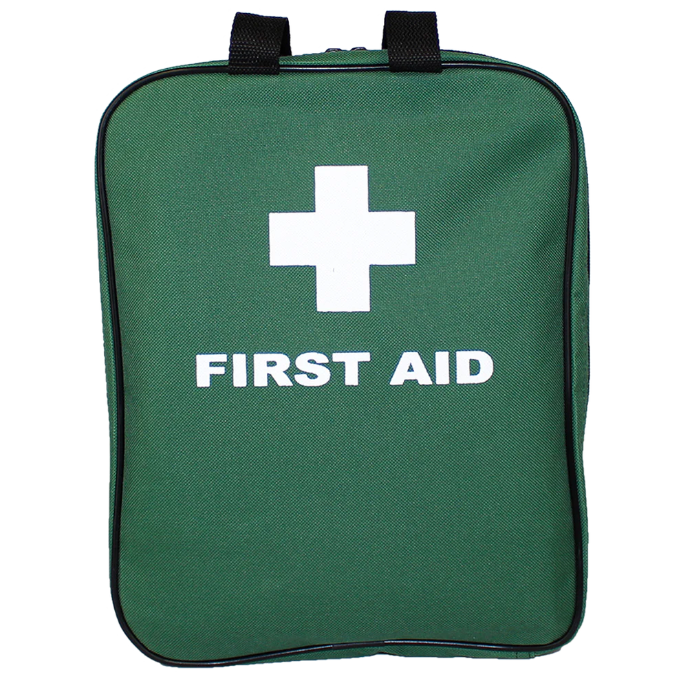 Front view of green Aero Softpack First Aid Bag with white cross and 'FIRST AID' print

