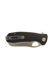 Black Honey Badger rescue knife in closed position showing pocket clip side and satin finish blade edge