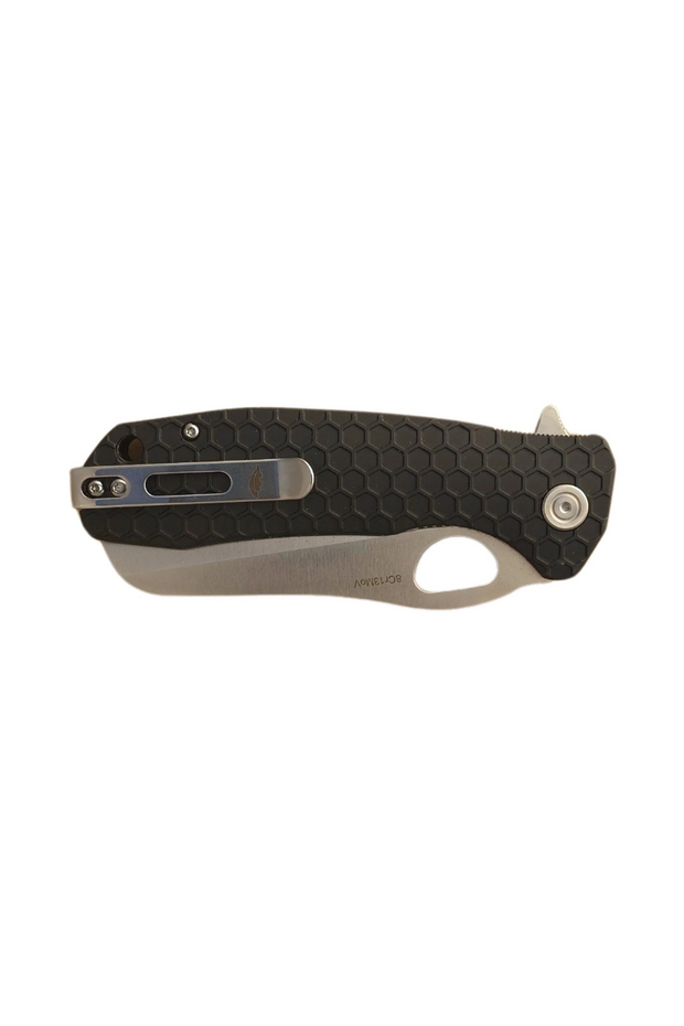 Black Honey Badger rescue knife in closed position showing pocket clip side and satin finish blade edge