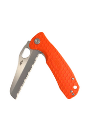 Orange Honey Badger rescue knife in partially deployed position demonstrating ball-bearing assisted opening mechanism