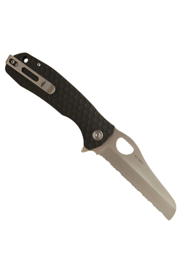 Black Honey Badger rescue knife fully deployed showing full length of serrated sheepsfoot blade and handle profile