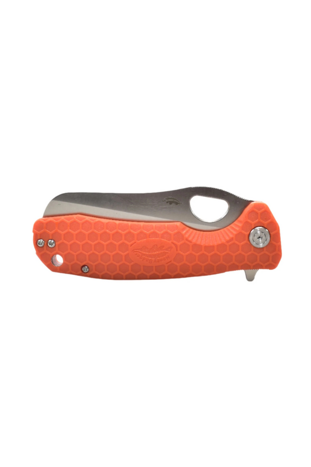 Orange Honey Badger rescue knife in closed position showing front side with textured handle and silver hardware