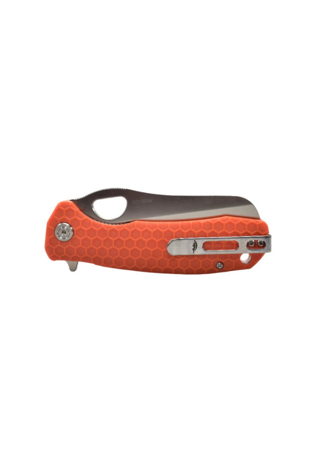 Orange Honey Badger rescue knife in closed position showing pocket clip side and satin finish blade edge