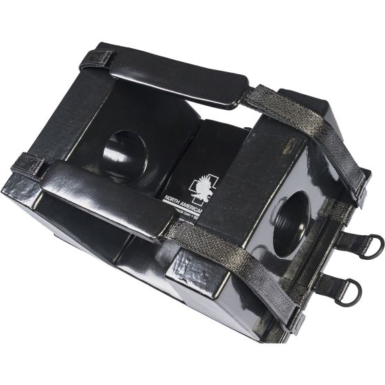 North American Rescue Head Immobiliser in black, a compact device for effective cervical restriction. Constructed from soft, closed-cell foam with hook-and-loop padded straps, featuring accessible ear and head openings. Includes North American Rescue branding and straps for secure attachment. Ideal for emergency and tactical use.