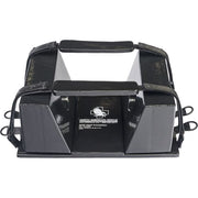 North American Rescue Head Immobilizer in black, a compact device for effective cervical restriction. Constructed from soft, closed-cell foam with hook-and-loop padded straps, featuring accessible ear and head openings. Includes North American Rescue branding and straps for secure attachment. Ideal for emergency and tactical use.