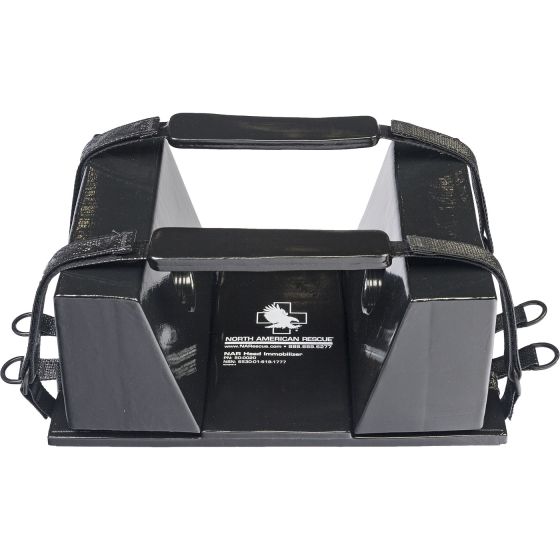 North American Rescue Head Immobilizer in black, a compact device for effective cervical restriction. Constructed from soft, closed-cell foam with hook-and-loop padded straps, featuring accessible ear and head openings. Includes North American Rescue branding and straps for secure attachment. Ideal for emergency and tactical use.