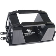 North American Rescue Head Immobiliser in black, a compact device for effective cervical restriction. Constructed from soft, closed-cell foam with hook-and-loop padded straps, featuring accessible ear and head openings. Includes North American Rescue branding and straps for secure attachment. Ideal for emergency and tactical use.