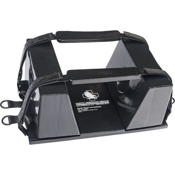North American Rescue Head Immobiliser in black, a compact device for effective cervical restriction. Constructed from soft, closed-cell foam with hook-and-loop padded straps, featuring accessible ear and head openings. Includes North American Rescue branding and straps for secure attachment. Ideal for emergency and tactical use.