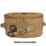 North American Rescue CCR Squad Bag in colour coyote front view in a zipped closed position with trauma shears shown for display purposes only