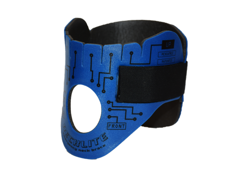 Blue version of the NECKLITE neck brace with front oval cut-out visible

