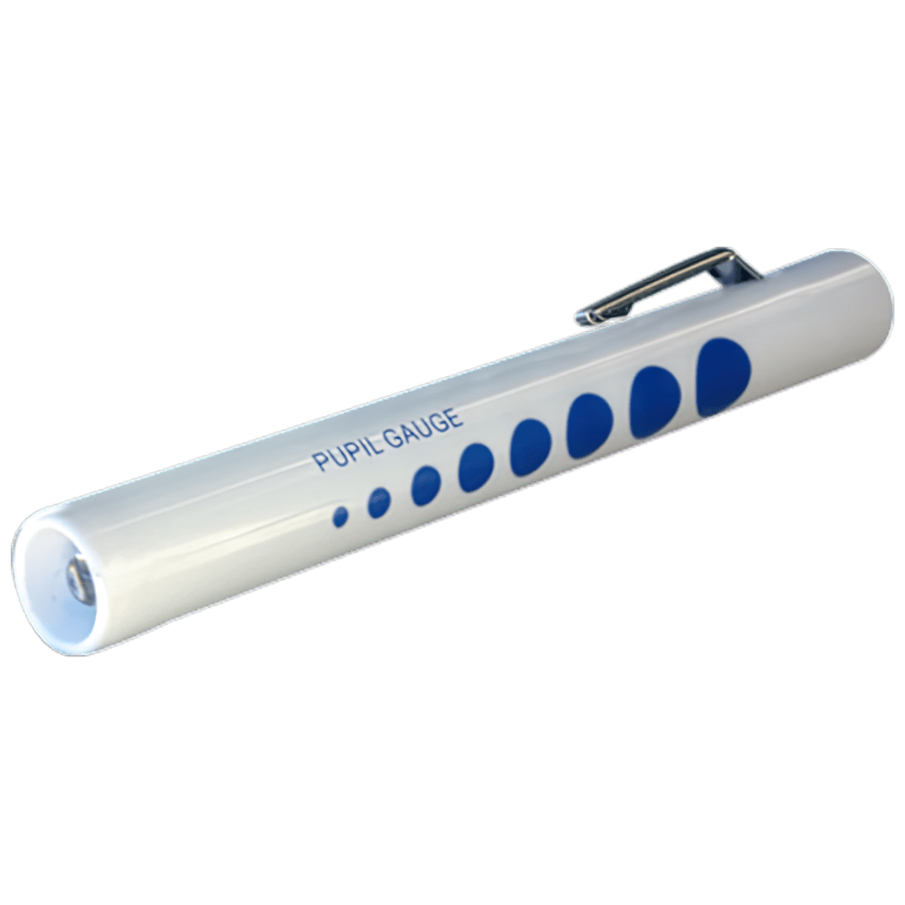 Side view of Disposable Pen Light Torch with blue pupil gauge and pocket clip

