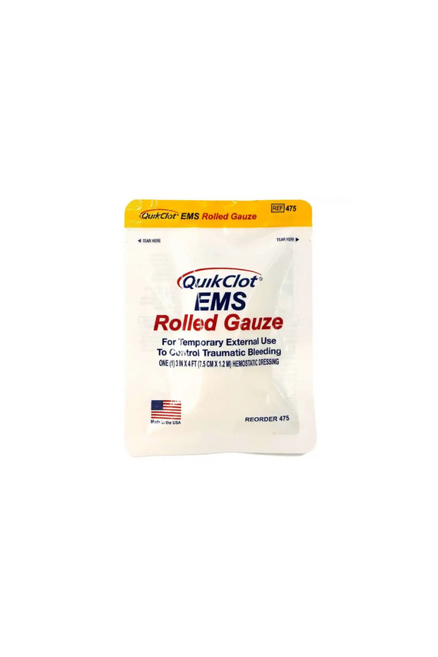 The image shows the packaging of a "QuikClot EMS Rolled Gauze" product. The packaging is predominantly white with a yellow top section labeled "QuikClot EMS Rolled Gauze" and a reference number "REF 475" in black. The main text in red reads "QuikClot EMS Rolled Gauze" with additional details in black: "For Temporary External Use To Control Traumatic Bleeding" and "ONE (1/3 IN X 4 FT/7.5 CM X 1.2 M) HEMOSTATIC DRESSING." The package features the QuikClot logo, a small American flag, and the text "Made in the