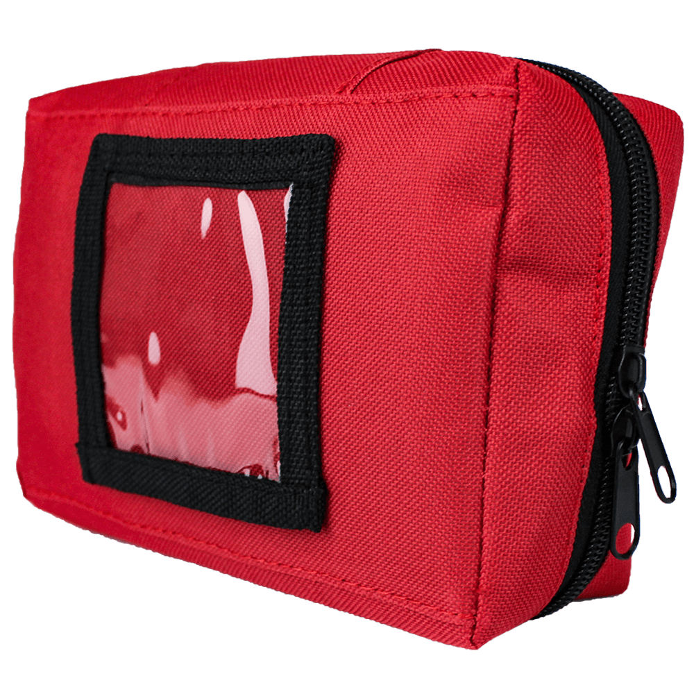 Compact red Aero softpack first aid bag with clear front window, 18 x 11 x 7 cm


