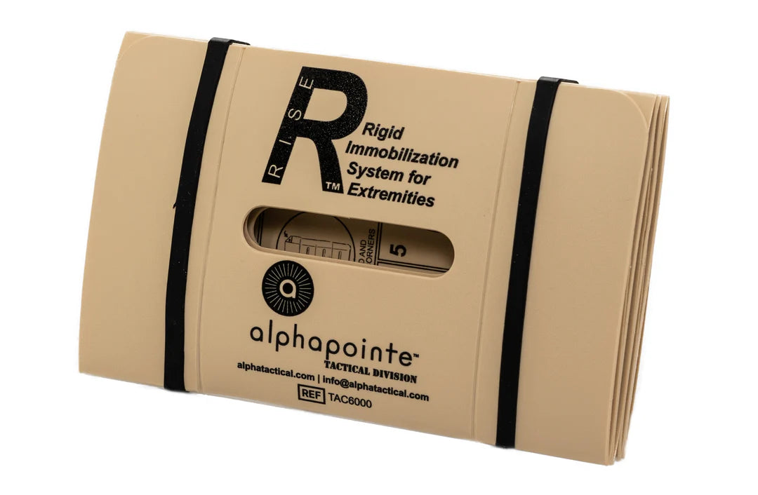 Compact folded RISE splint with branding visible

