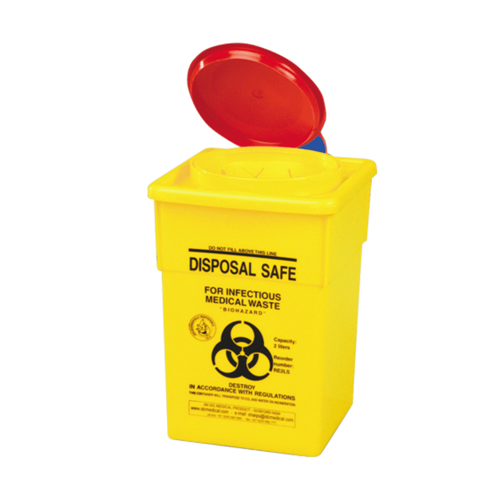 Sharps Disposal Container 2L – Yellow Biohazard Bin with Red Snap-Lid for Safe Needle Disposal

