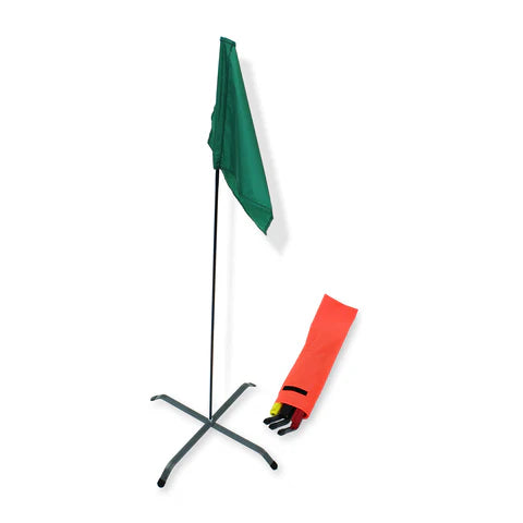Green triage flag deployed with base and red pouch
