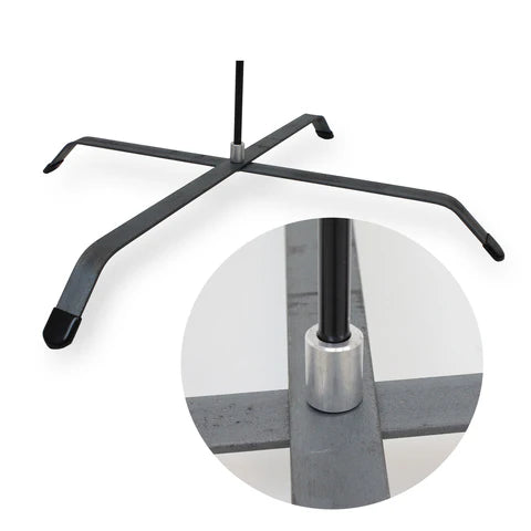 Close-up of scissor-style steel base with rubber feet