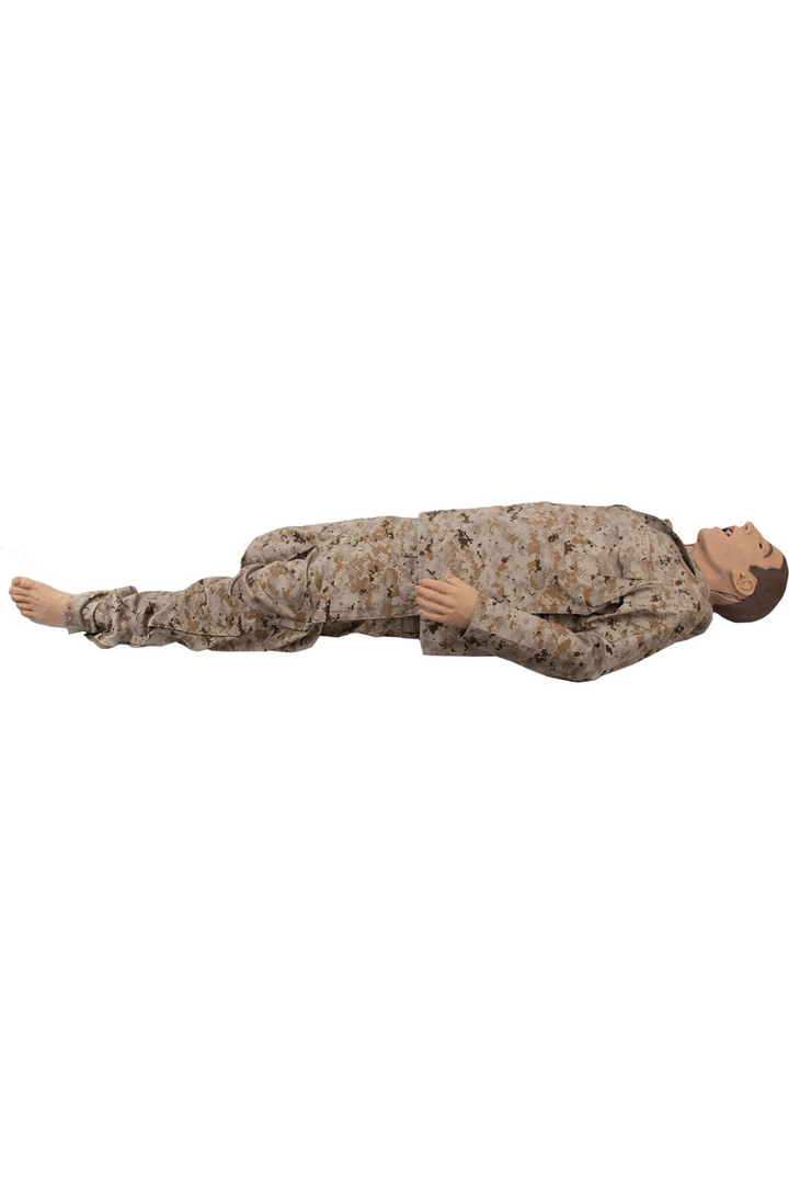 TOMManikin Blast wearing a camouflage army uniform and reveals an amputated leg