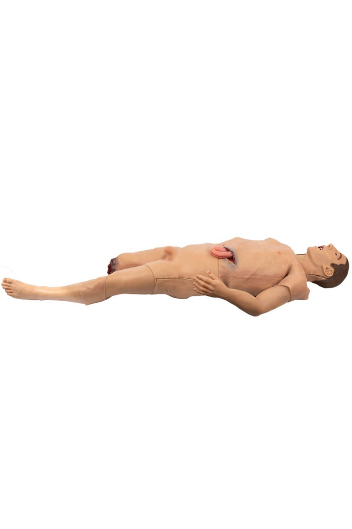 TOMManikin Blast naked revealing an amputated leg and a stomach wound with protruding eviscerated bowel injury