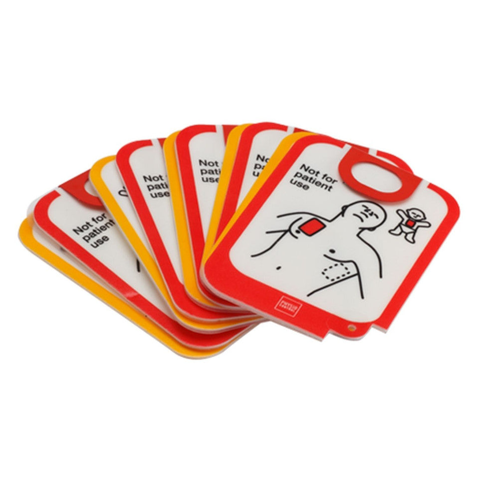 Five sets of LIFEPAK CR2 Trainer Electrode Pads arranged in a fan layout, clearly labeled for training use only

