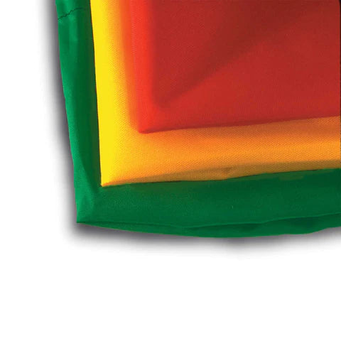 Stacked red, yellow, and green Conterra Triage Tarps showing reinforced edges and triage colors

