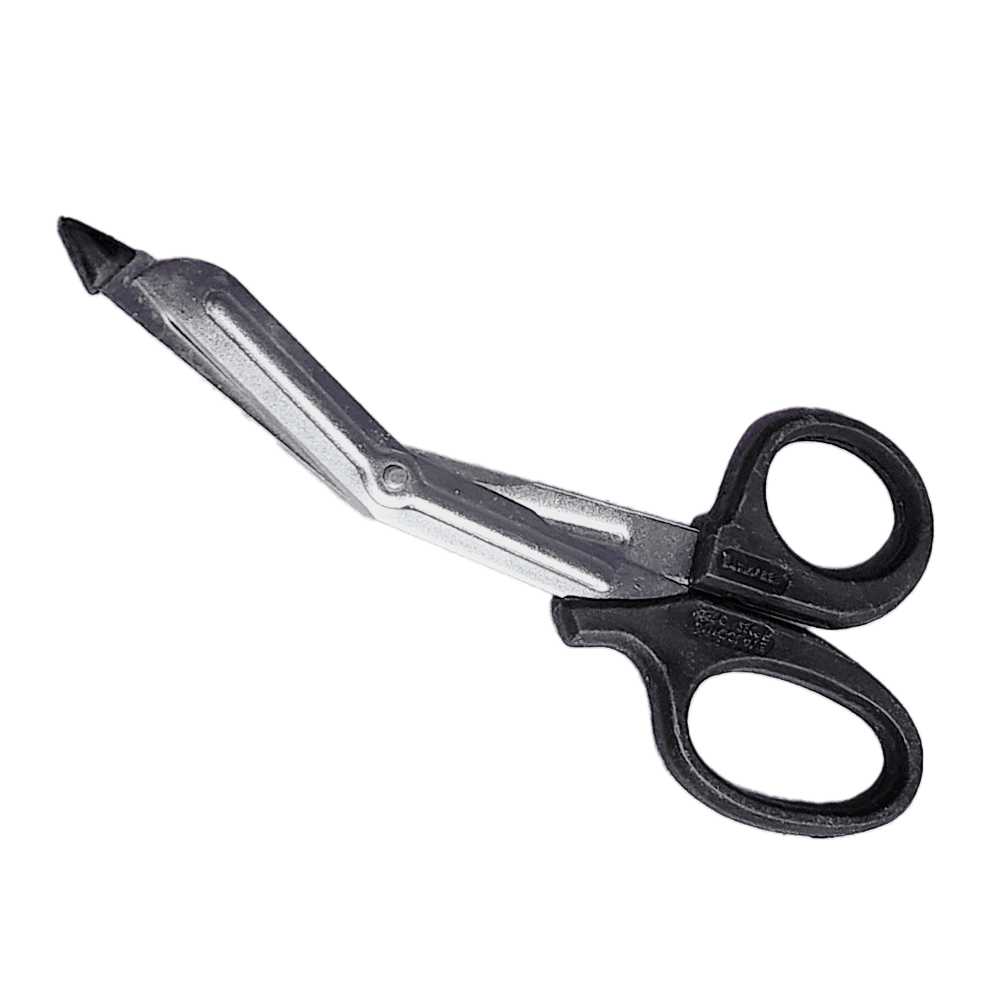 Angled view of black-handled stainless steel trauma shears with rounded safety tip

