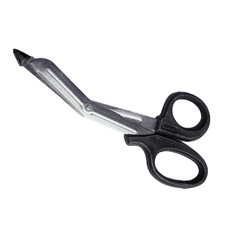 Angled view of black-handled stainless steel trauma shears with rounded safety tip

