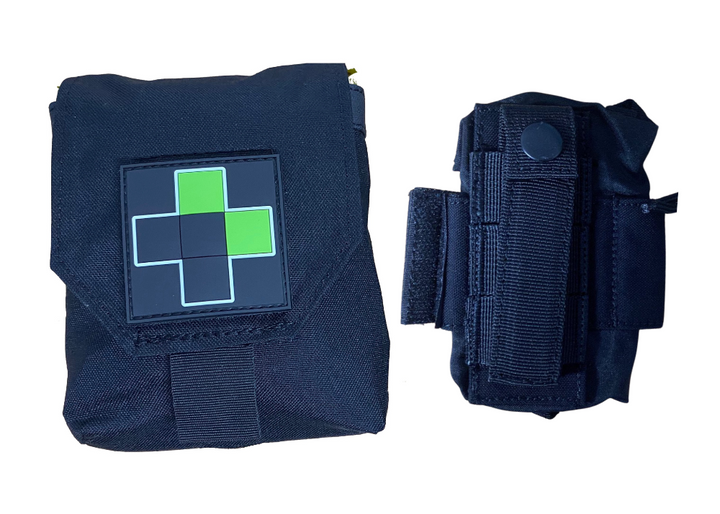 Closed view of the TacMed Split IFAK kit, showing front pouch with reflective medical cross patch and side-mounted accessory pouch.