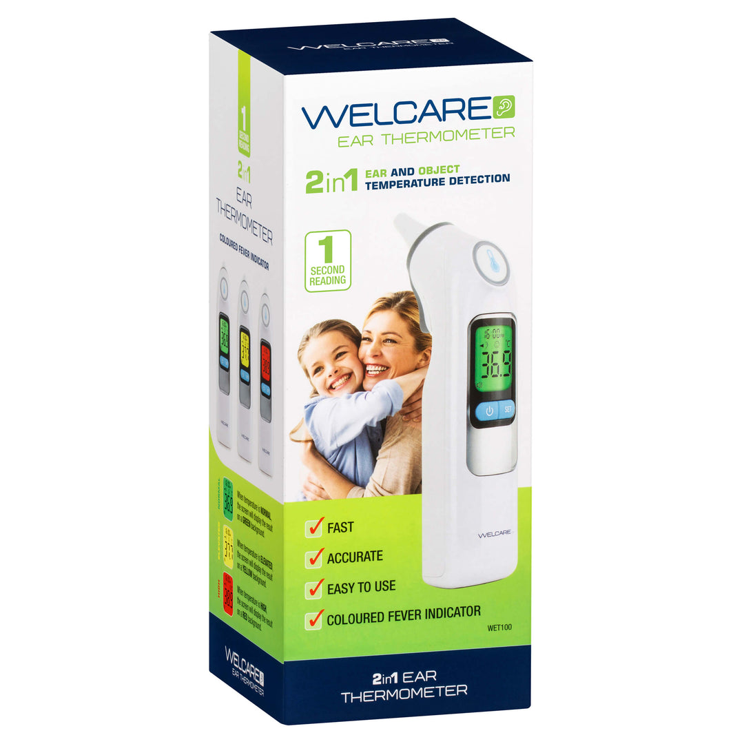 Welcare ear thermometer retail packaging showing product features