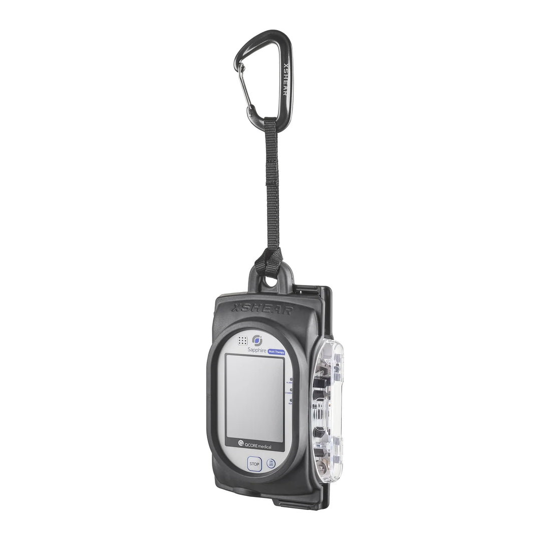 Side view of IV pump secured inside rugged black XShear case

