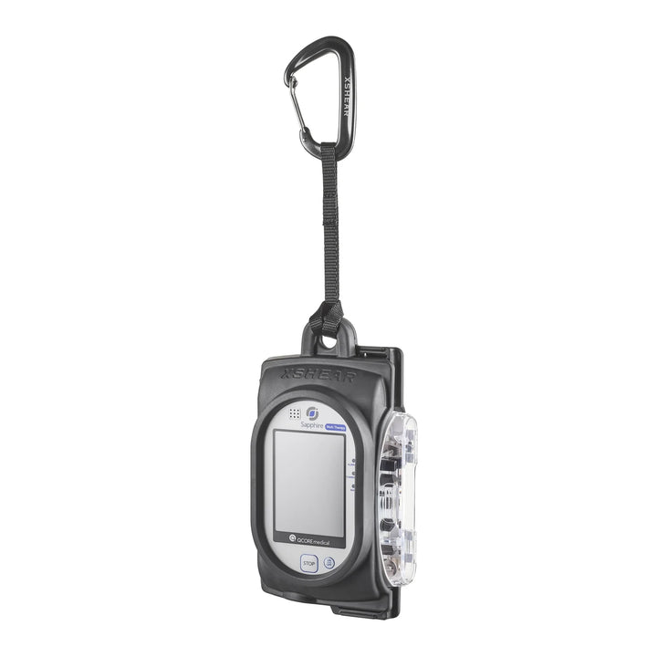 Side view of IV pump secured inside rugged black XShear case

