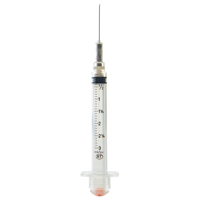 Side profile of VanishPoint safety syringe showing graduated markings and pre-attached needle

