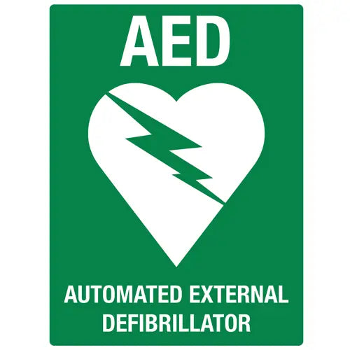 Green AED sign with white lightning bolt heart symbol and AUTOMATED EXTERNAL DEFIBRILLATOR text