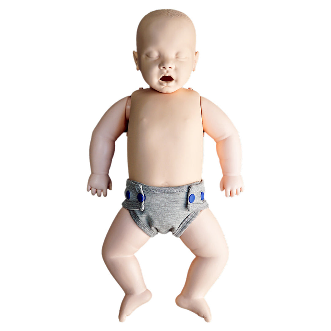 Front view of Brayden baby CPR manikin with anatomical detail, LED indicators, and grey training shorts

