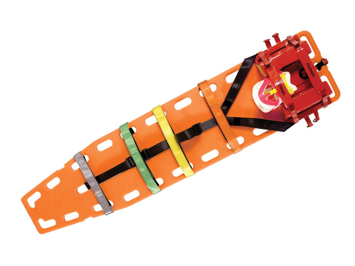 Ferno Faststrap applied to orange scoop stretcher with patient secured

