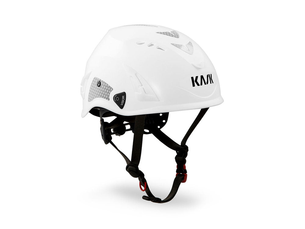 White KASK HP Plus helmet with chin strap - side profile


