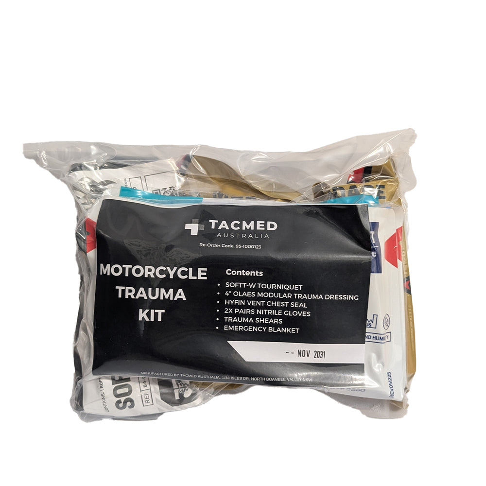 TACMED Australia Motorcycle Trauma Kit in a clear plastic bag with a black and white front label, photographed on a white background.
