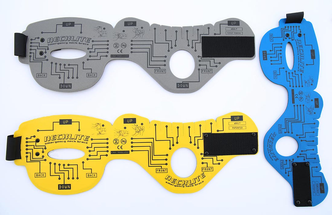 Flat view showing multiple colour and structural variations of NECKLITE brace

