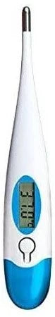 Top view of thermometer showing blue tip and LCD screen

