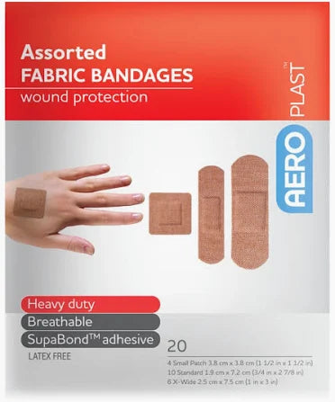 Front of AEROPLAST Premium Fabric Bandaids 20-pack box showing assorted shapes and red-white branding


