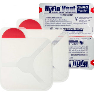 HyFin Vent Compact Chest Seal Twin Pack with red tabs and sterile packaging shown. Designed for treating open chest wounds and preventing tension pneumothorax. TacMed Australia – compact, lifesaving chest seals for trauma kits.
