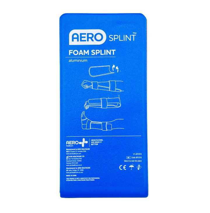 Flat view of AeroSplint Aluminium Foam Splint with blue exterior and illustrated usage instructions.