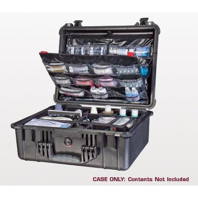 Black NAR Injury & Ailment Case with lid organiser and interior compartments, displayed with assorted medical supplies. Text overlay notes: 'CASE ONLY: Contents Not Included'.