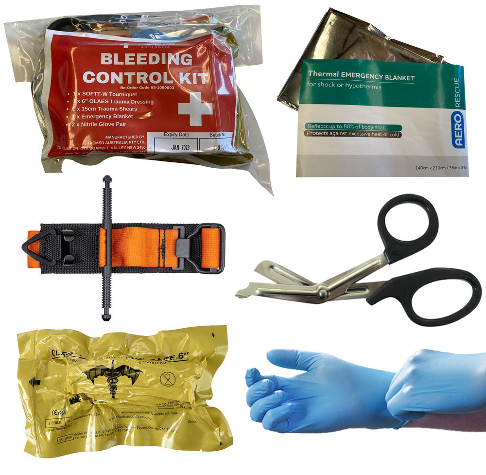 Contents of TacMed Bleeding Control Kit including SOF-T tourniquet, trauma shears, Olaes dressing, emergency blanket, and nitrile gloves. Built for critical interventions in the field. TacMed Australia – complete kit for rapid bleeding control.