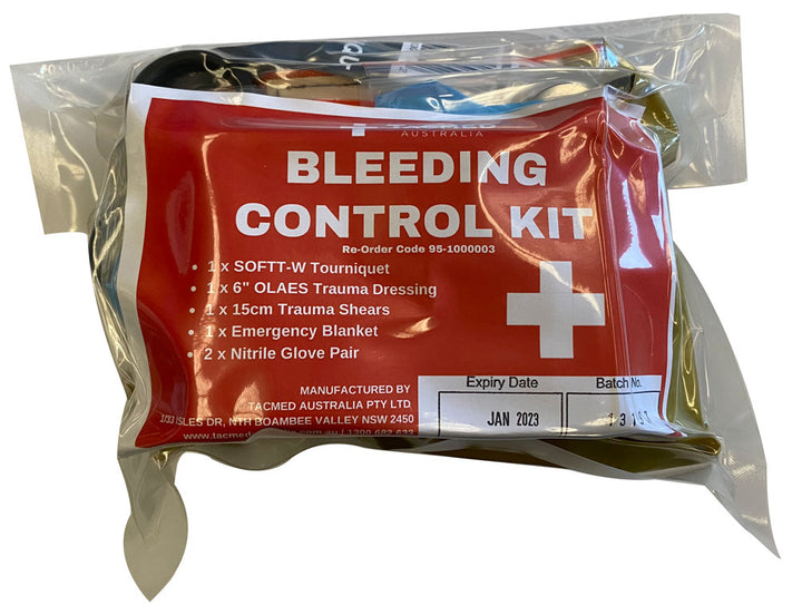 TacMed Bleeding Control Kit in vacuum-sealed bag with red label detailing included trauma supplies. Designed for immediate treatment of life-threatening hemorrhage. TacMed Australia – essential emergency bleeding control pack.
