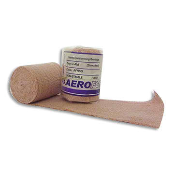 AeroForm tan conforming bandage shown from side view with extended length. Non-sterile and latex-free. TacMed Australia – flexible support bandage for clinical and field use.