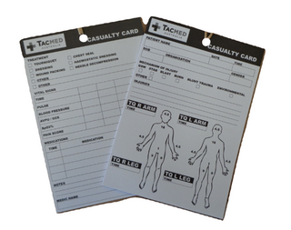 TacMed Casualty Cards showing front and back sides with patient assessment fields and body injury diagrams. Designed for recording vital information during trauma or MCI events. TacMed Australia – essential triage and patient tracking tool for medics.